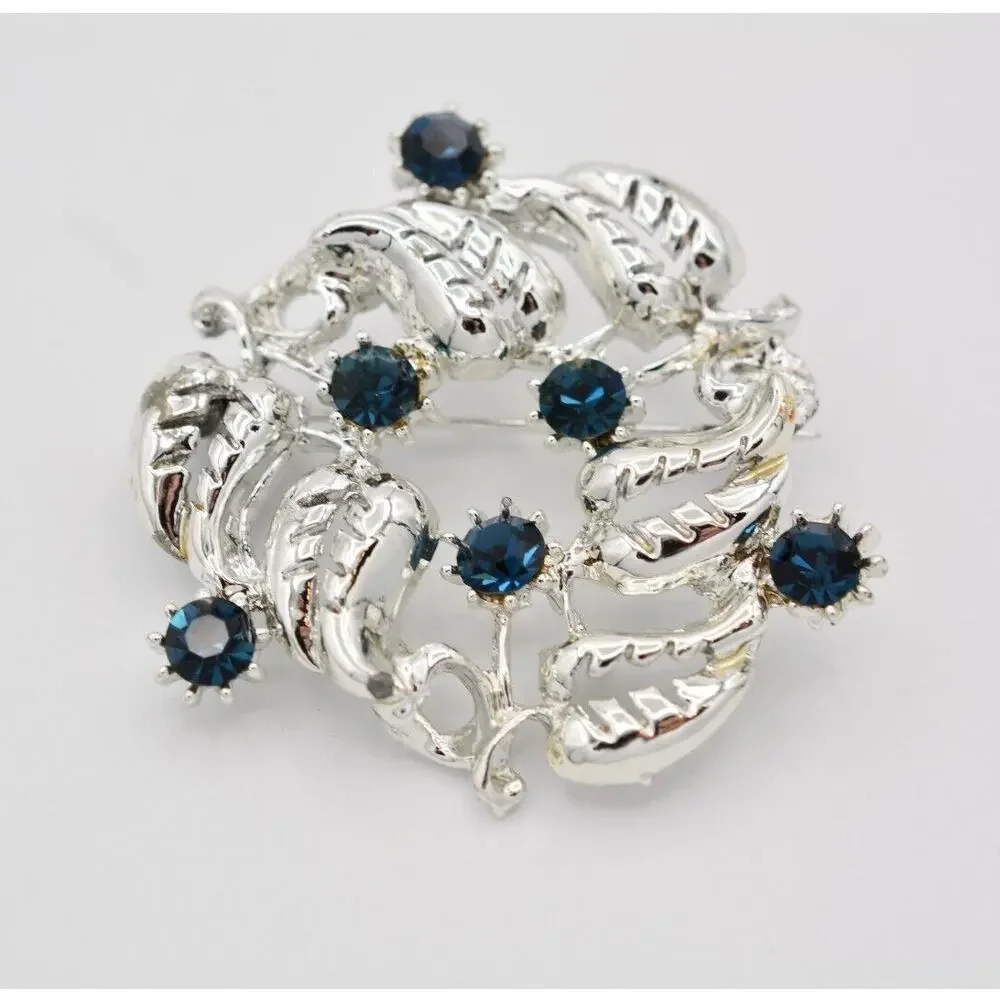 Vintage Crystal Leaf Wreath Pin Blue Rhinestone Silver Tone Heavy 1980s BinAT